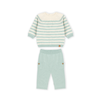 Conjunto de roupa de criança riscas creme e verde água com calças verdes água