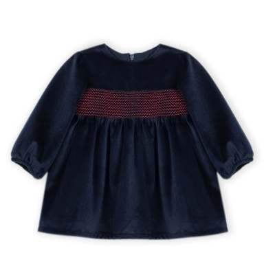 Vestido azul escuro para criança com faixa vermelha bordada
