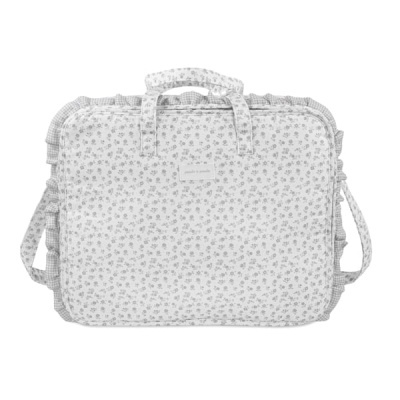 Mala de tecido floral cinzento e branco com alças e folhos nas bordas