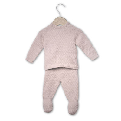 Conjunto de roupa para bebé castanho claro com camisola e calças em malha texturizada