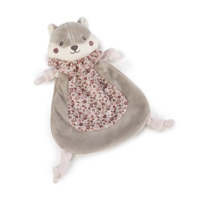 Boneco de peluche cinzento claro e bege com corpo floral e membros cor-de-rosa claro