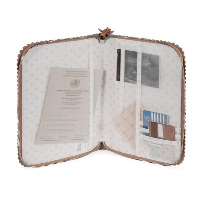 Organizador castanho com documentos e cartões em bolsos transparentes