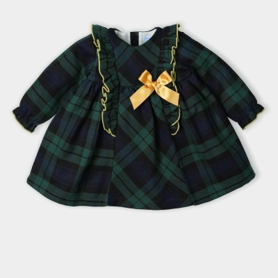 Vestido infantil xadrez verde e azul com laço amarelo