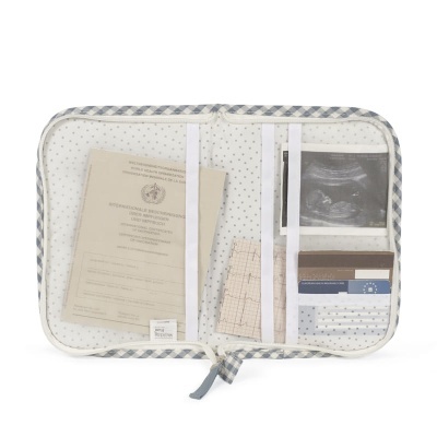 Organizador de documentos em tecido branco com padrão de pontos e borda xadrez azul e branco, contendo documentos médicos e cartões