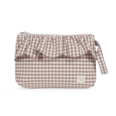 Bolsa de padrão xadrez rosa e branco com folho e fecho de correr