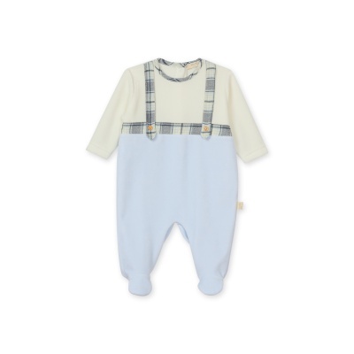 Pijama de bebé creme e azul com detalhes xadrez