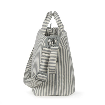 Bolsa de tecido riscas cinza e branco vista lateral