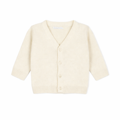 Casaco de malha infantil creme com botões e gola em V