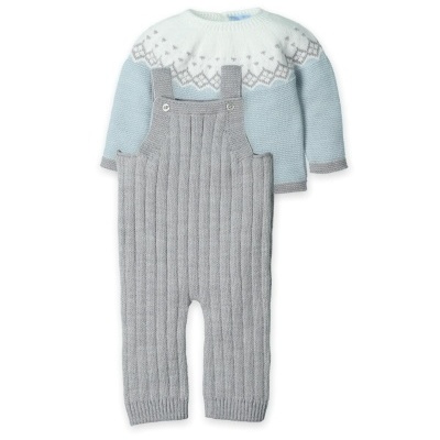 Conjunto de roupa de bebé azul e cinzento em malha