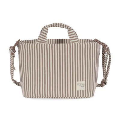 Bolsa de tecido às riscas castanhas e brancas com alça ajustável e pegas curtas