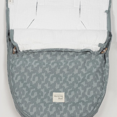 Saco para bebé cinzento com padrão geométrico e interior branco almofadado