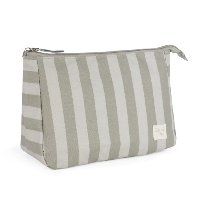 Bolsa retangular listrada cinza e branco com fecho e etiqueta Walking Mum