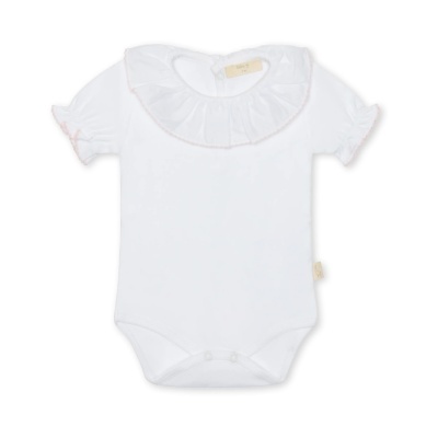 Body branco para bebé com gola franzida e mangas curtas