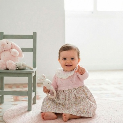 Bebé sentada a sorrir segurando brinquedo de coelho perto de cadeira com peluche rosa