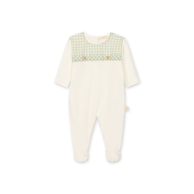 Macacão de bebé branco com padrão xadrez verde claro e botões de madeira