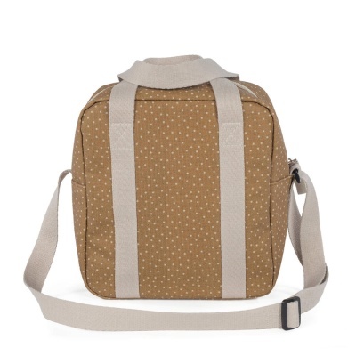 Mala castanha clara com bolinhas brancas e alças bege