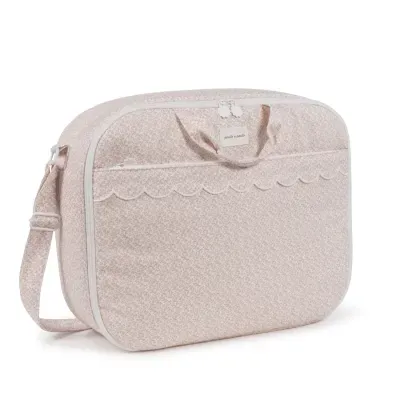 Mala cor de rosa claro com padrão floral e alça ajustável
