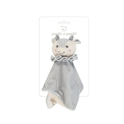 Ursinho de peluche cinzento e branco com padrão xadrez e etiqueta com texto