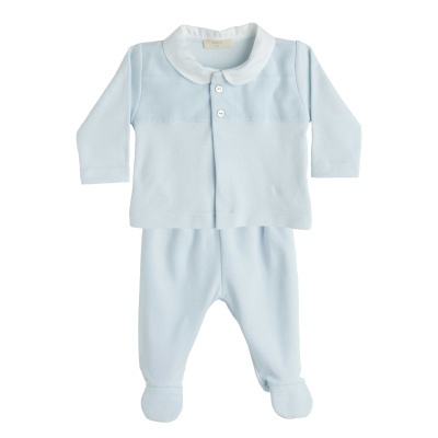 Conjunto de bebé azul claro com camisola de gola branca e calças com pés incluídos
