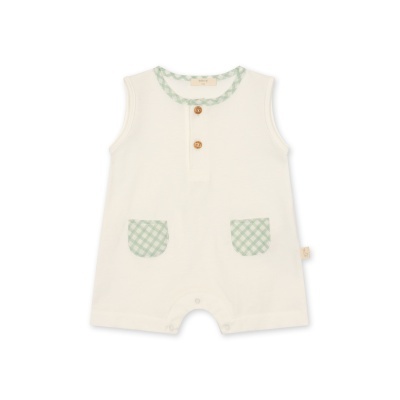 Macacão bebé branco com bolsos aos quadrados verdes