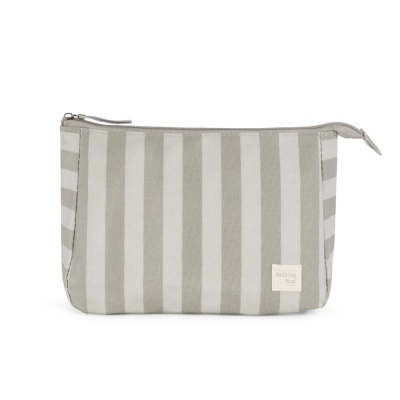 Bolsa riscas cinza e branco com fecho e etiqueta Walking Mum