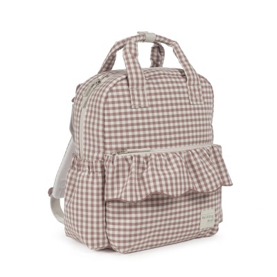 Mochila padrão xadrez bege e branco com bolso folho e alças superiores