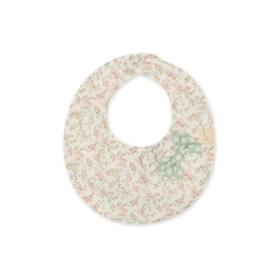 Babete redonda para bebé com padrão floral, laço verde às quadrículas e botão de pressão