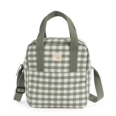 mala quadrada cinza e branca com alças e etiqueta