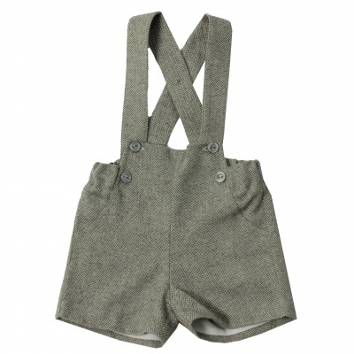 Calções cinza para criança com alças cruzadas de tecido espesso