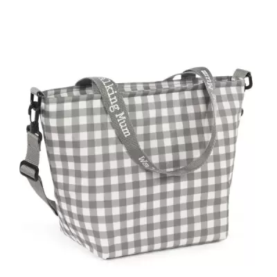 Mala xadrez cinzento e branco com alça 