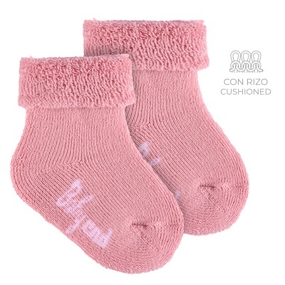 Meias cor-de-rosa para bebé com parte superior felpuda e texto branco