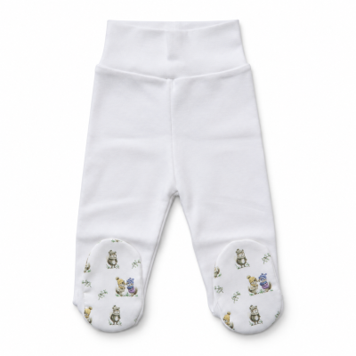 Calças de bebé brancas com pezinhos estampados com ursos.