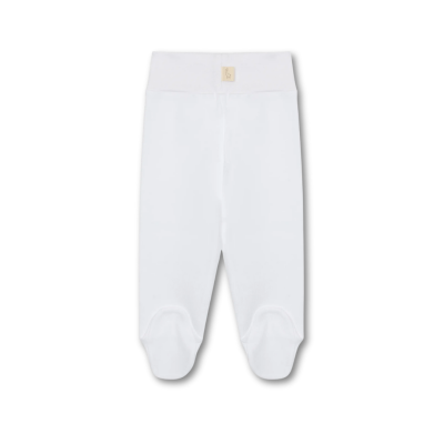 Calças de bebé brancas com pé e etiqueta frontal