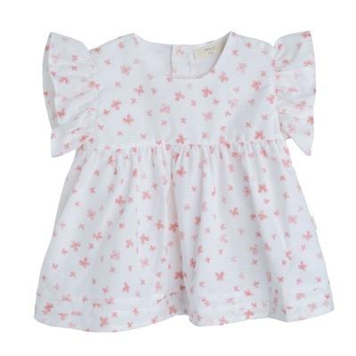 Vestido branco de bebé com laços cor-de-rosa e mangas curtas abalonadas