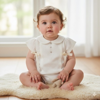 Bebé sentado com body branco de gola redonda e mangas curtas, decorado com fitas e botões, num tapete macio creme.