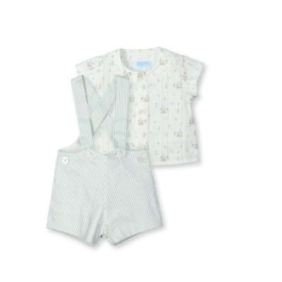 Roupa de bebé com camisa de coelhos e calções às riscas verdes