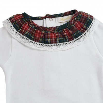 Camisola branca para bebé com gola xadrez e renda
