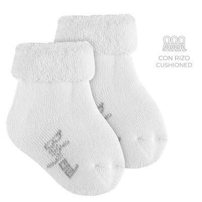 Meias brancas para bebé com parte superior almofadada e texto CON RIZO CUSHIONED
