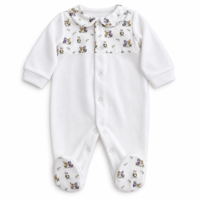 Macacão branco para bebé com padrão floral roxo e verde