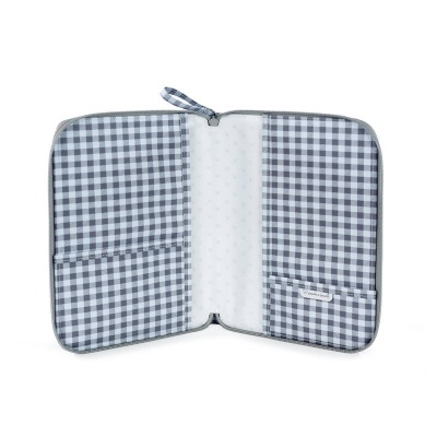 Estojo xadrez azul e branco aberto com bolsos interiores