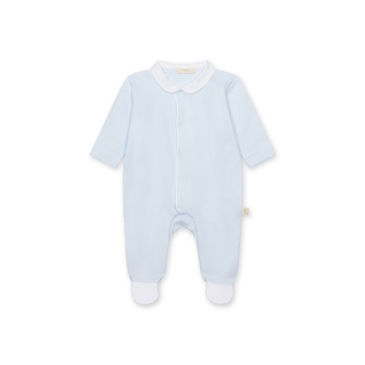 Pijama bebé azul claro com gola e pés brancos