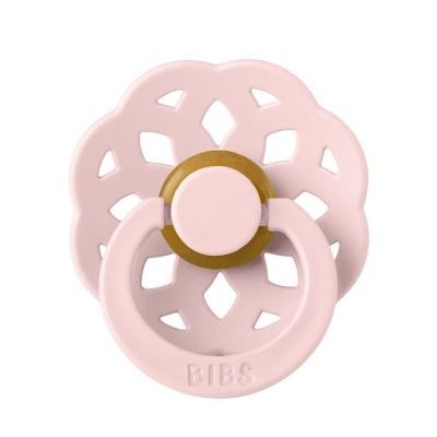 Chupeta silicone rosa clara com padrão floral e anel com inscrição BIBS