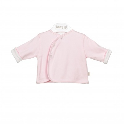 Casaco de bebé rosa claro com botões na frente e punhos brancos