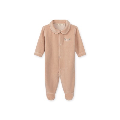 Pijama bebé castanho claro felpudo com gola e bordado