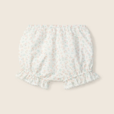 Calções de bebé brancos com padrão floral rosa e verde e folhos com renda
