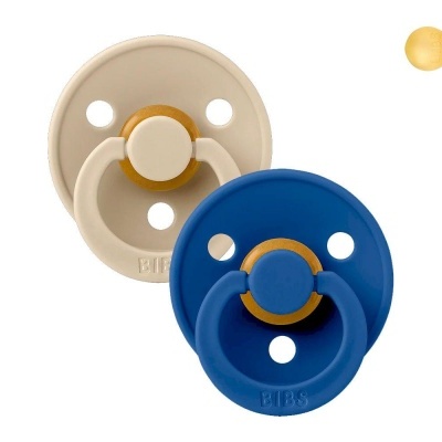 Chupetas BIBS azul e bege com bico de silicone amarelado