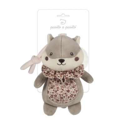 Pelúcia animal cinzento com padrão floral com etiqueta pasito a pasito