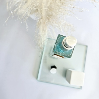 Garrafa de vidro azul e objetos sobre espelho com planta branca ao fundo