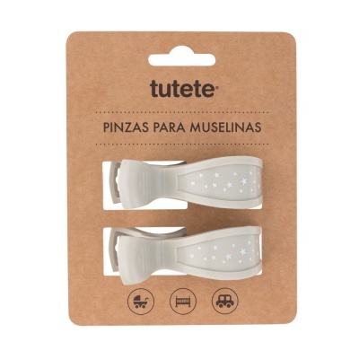 Pinças cinza claro para muselinas com padrão de estrelas brancas em embalagem castanha
