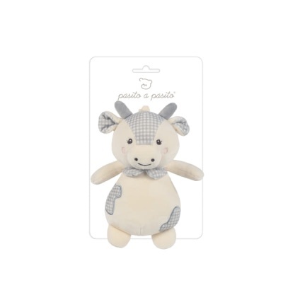 Pelúcia de vaca bebé em bege e cinzento com laço, em cartão branco com texto